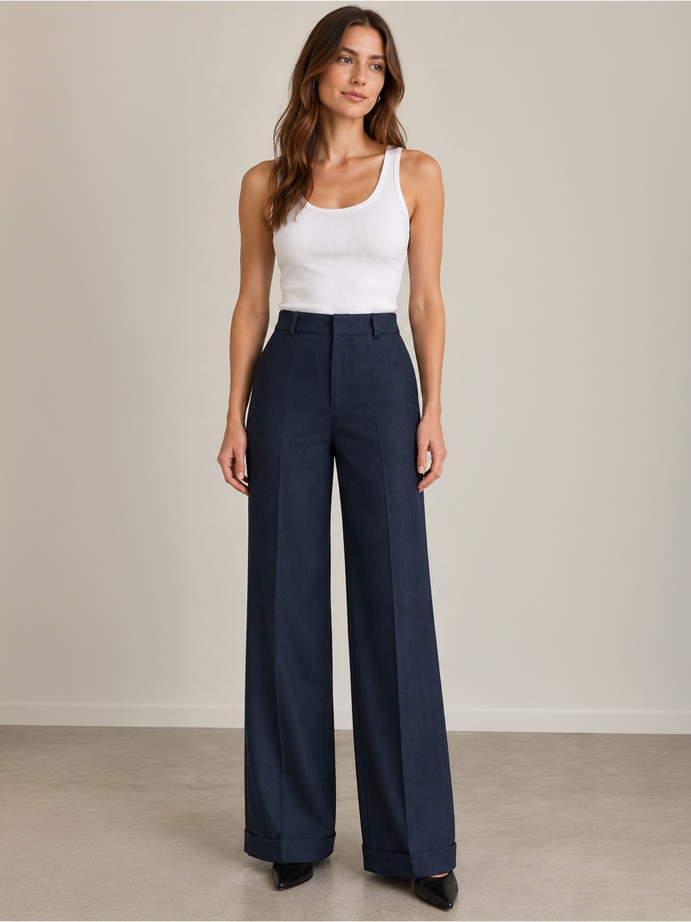 NWT - Ralph Lauren - Vintage Y2K Linen Blend Wide Leg Cuffed Trousers - Navy